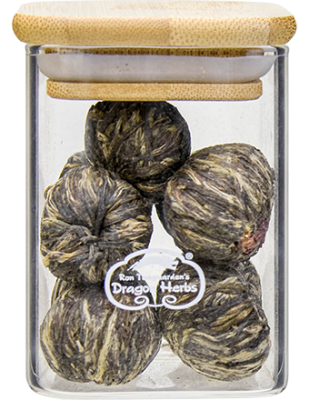 Lychee Carnation Blossom Tea in glass jar
