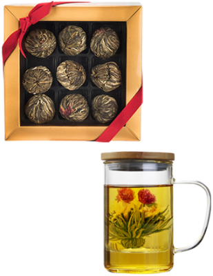 Blossom Tea Variety Box (9 pack) + Free Glass Brewing Mug with Strainer and Bamboo Lid