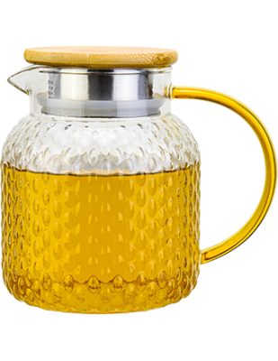 Glass Tea & Elixir Maker Brewing Pot Bamboo Lid Yellow Handle Hammered Rice Grain 32 oz.