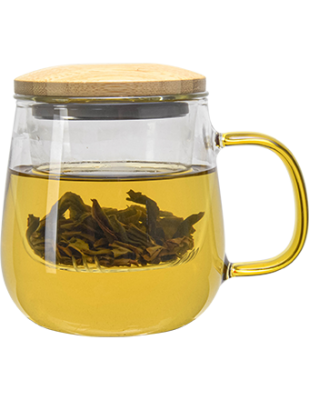 Glass Tea & Elixir Maker Brewing Cup Mug with Yellow Handle, Strainer & Bamboo Lid 13.5 oz.